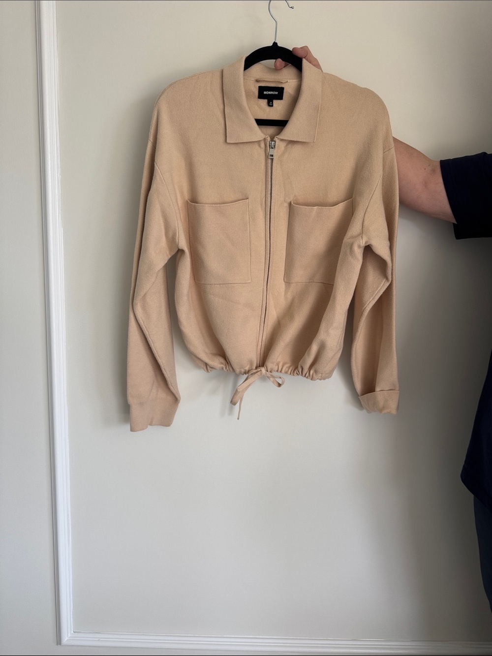 Monrow Soft Beige Zip-Up Drawstring Bomber Jacket